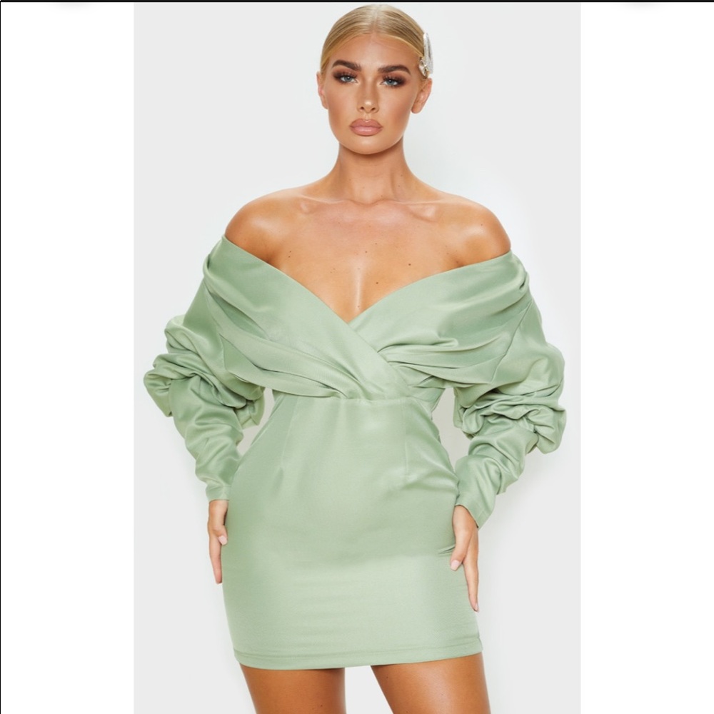 SAGE GREEN OFF THE SHOULDER RUCHED BODYCON DRESS